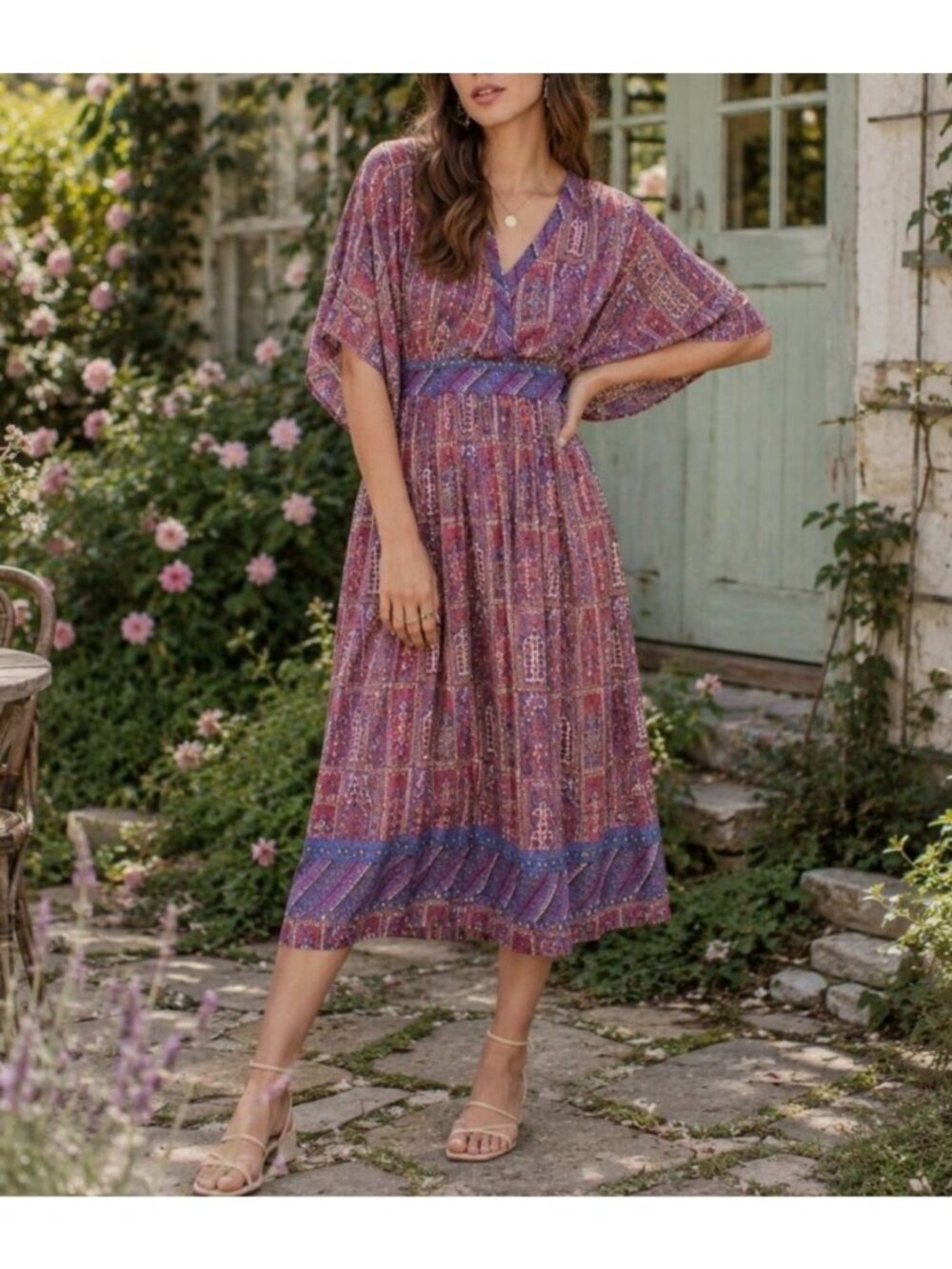 Anthropologie Omina kimono Dress Boho Midi Dress Abstract Size Small Lightweight